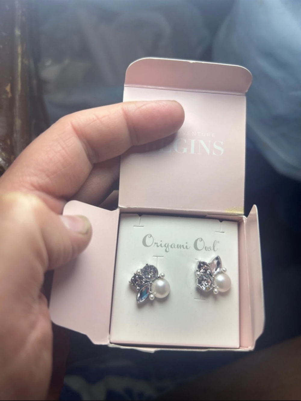 Origami Owl Silver Pearl & Crystal Cluster Earrings with Pink Box